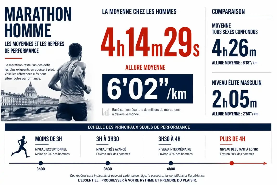Infographie sur la moyenne marathon homme avec chrono moyen, allure au kilomètre et comparaison des seuils de performance