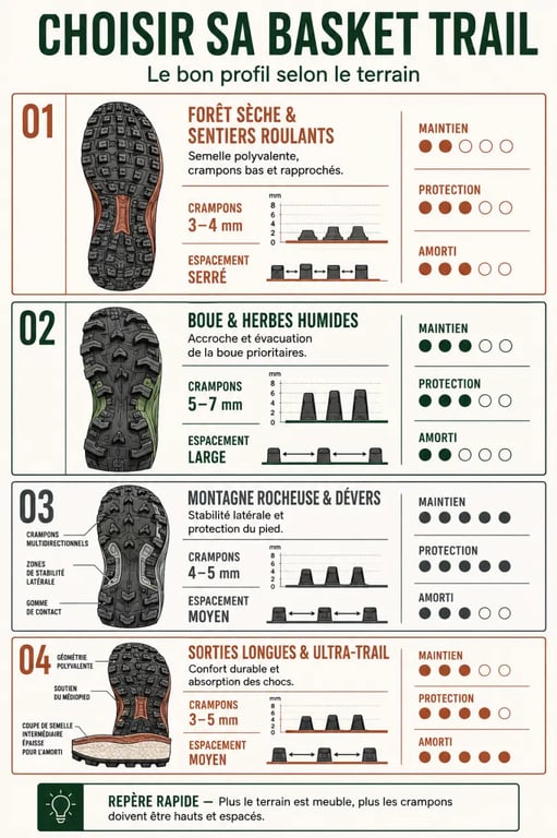 Infographie pour choisir une basket trail homme selon le terrain, les crampons et le niveau de protection