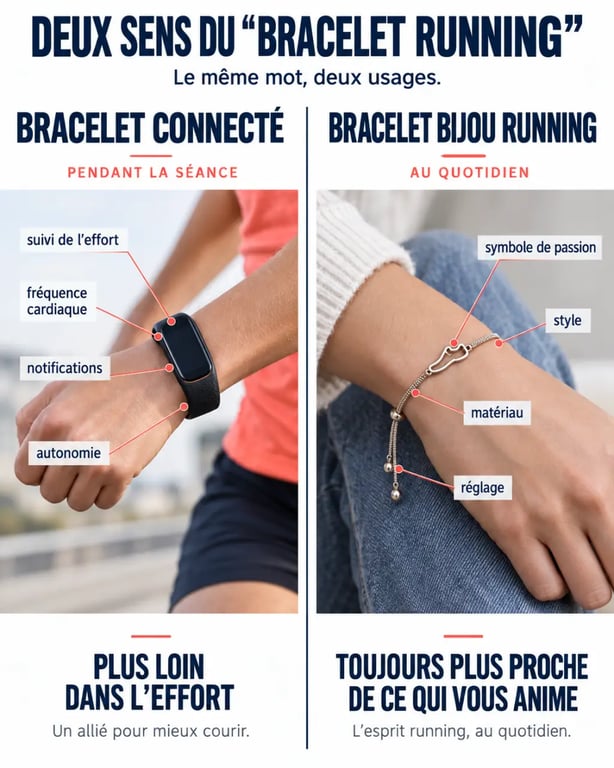 Infographie comparative des deux types de bracelet running : bracelet connecté et bracelet bijou