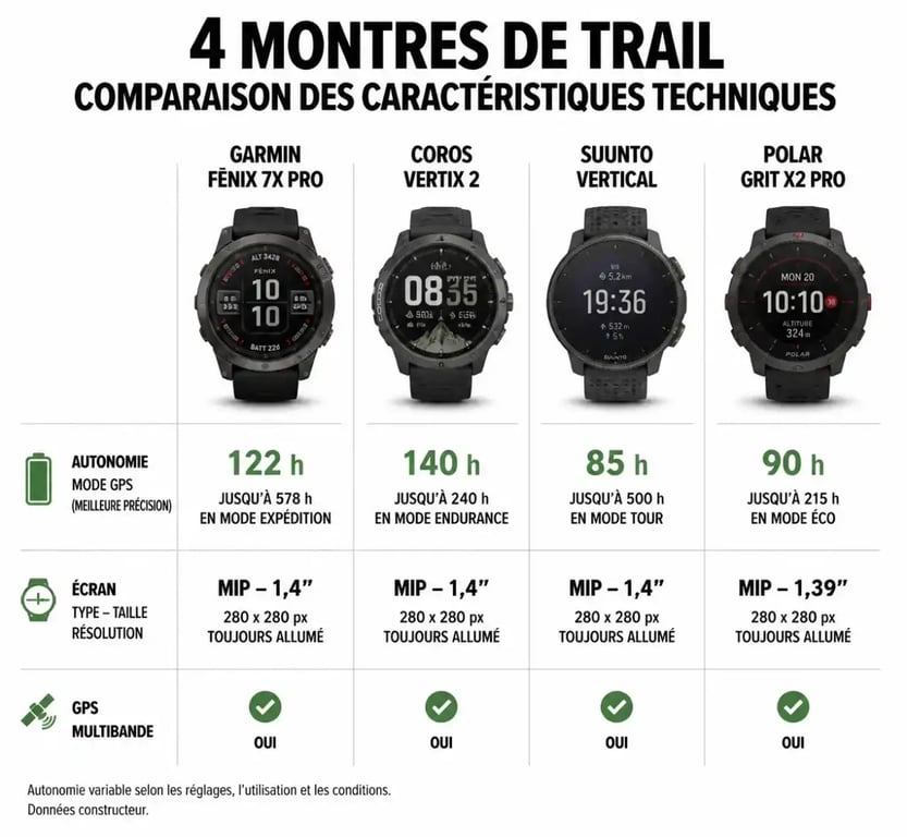 Comparatif technique des meilleures montres de trail 2026 : autonomie, écran et GPS