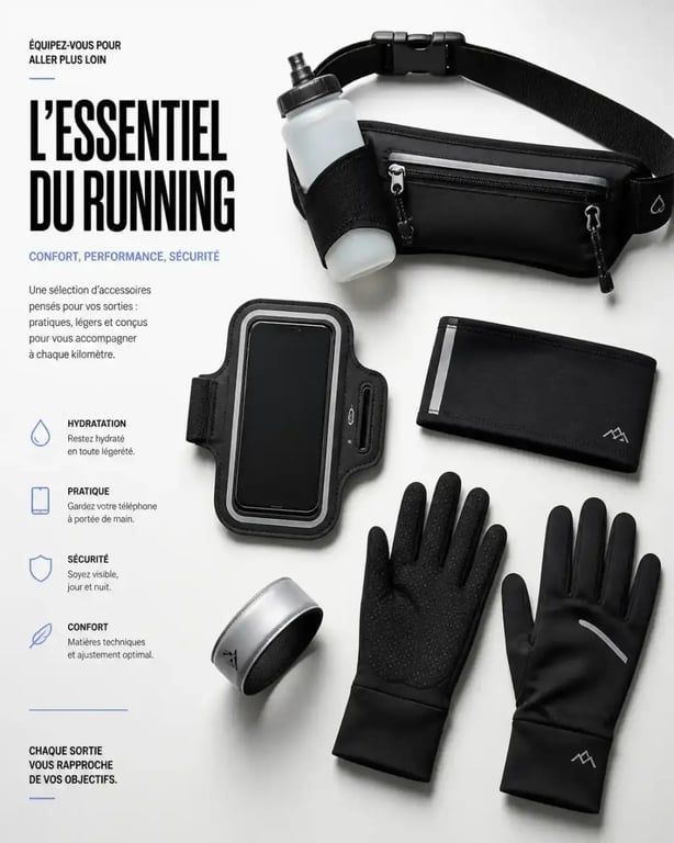 Accessoire pour la course à pied : brassard, ceinture d'hydratation, bandeau et gants disposés à plat