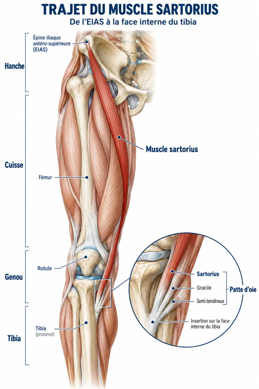 Schéma anatomique du muscle sartorius et des zones possibles de douleur du muscle sartorius
