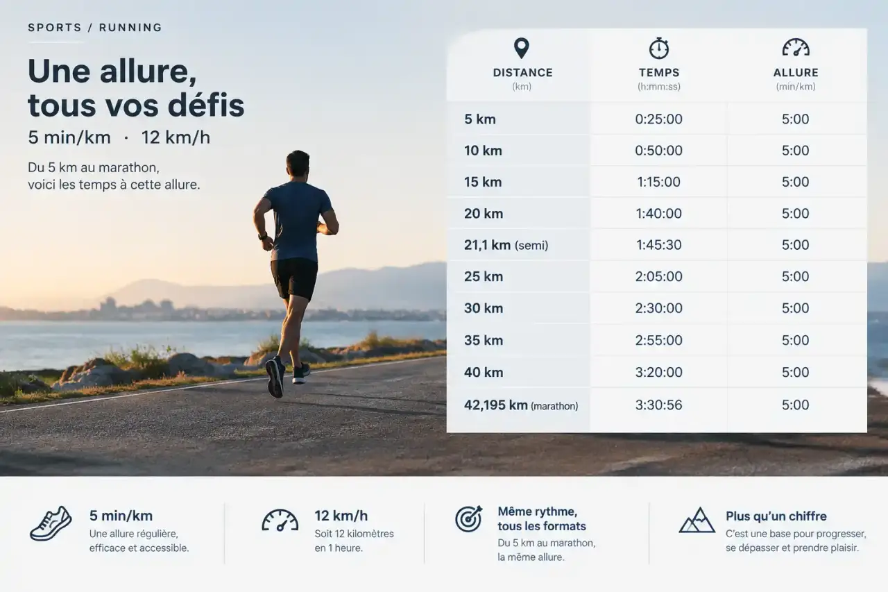 Tableau course à pied : 5 min/km, 12 km/h et les temps du 5 km au marathon