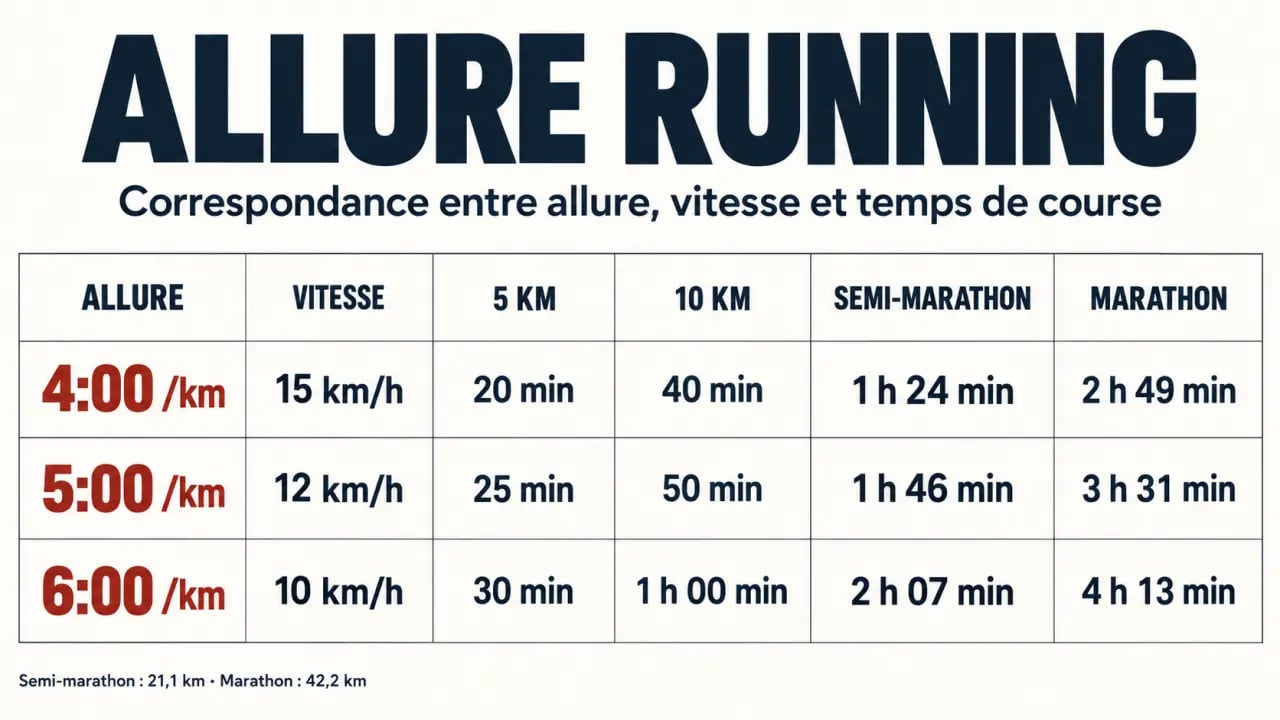 Infographie de conversion d’allure running en min/km, km/h et temps de course