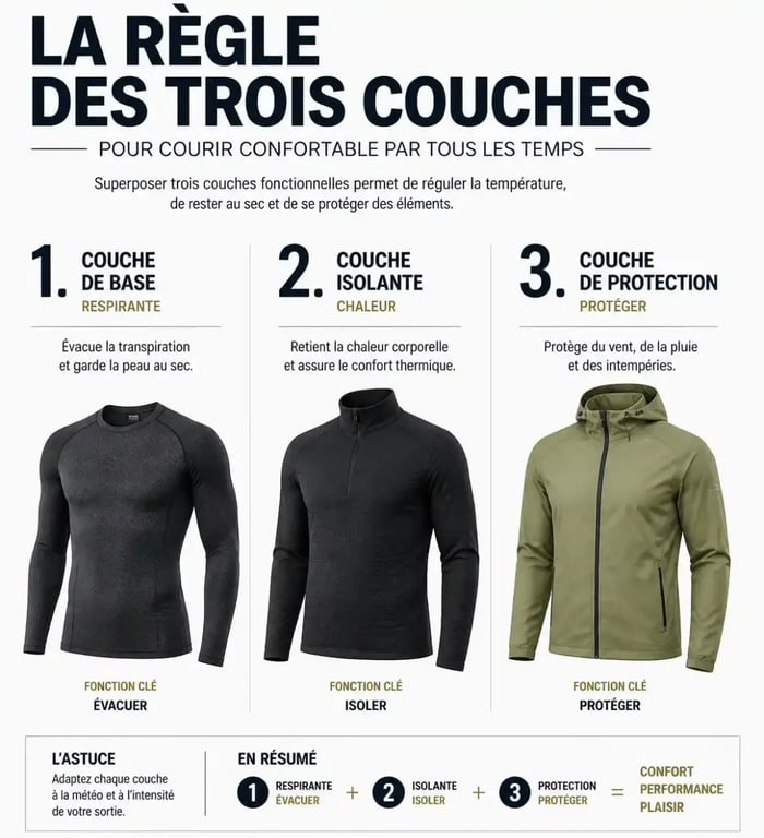 Schéma explicatif de la règle des trois couches pour le vêtement de course à pied