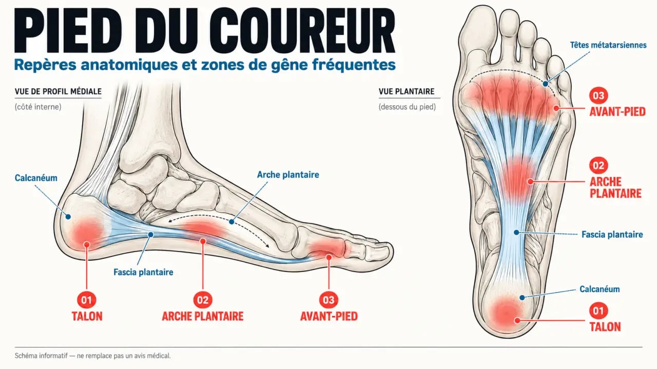 Schéma des zones de douleur sous le pied pendant la course