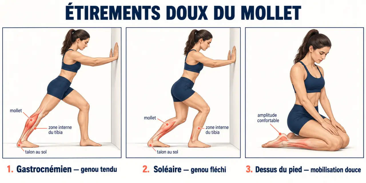 Étirement périostite tibiale : trois exercices doux pour les mollets, la cheville et le dessus du pied