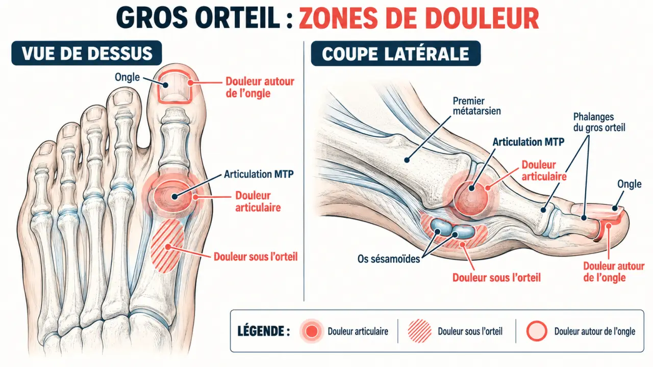 Schéma anatomique des causes possibles de douleur gros orteil, de l’articulation aux os sésamoïdes et à l’ongle