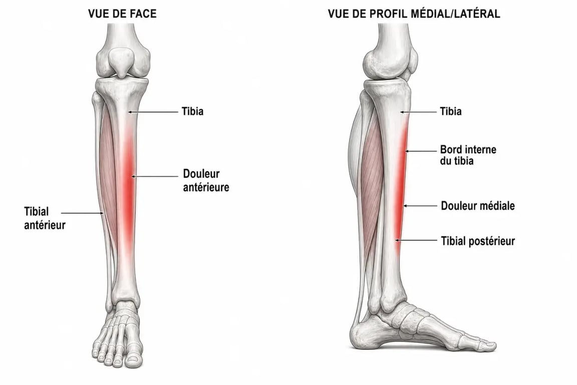 Schéma de la douleur muscle tibial avec les zones avant et interne du tibia
