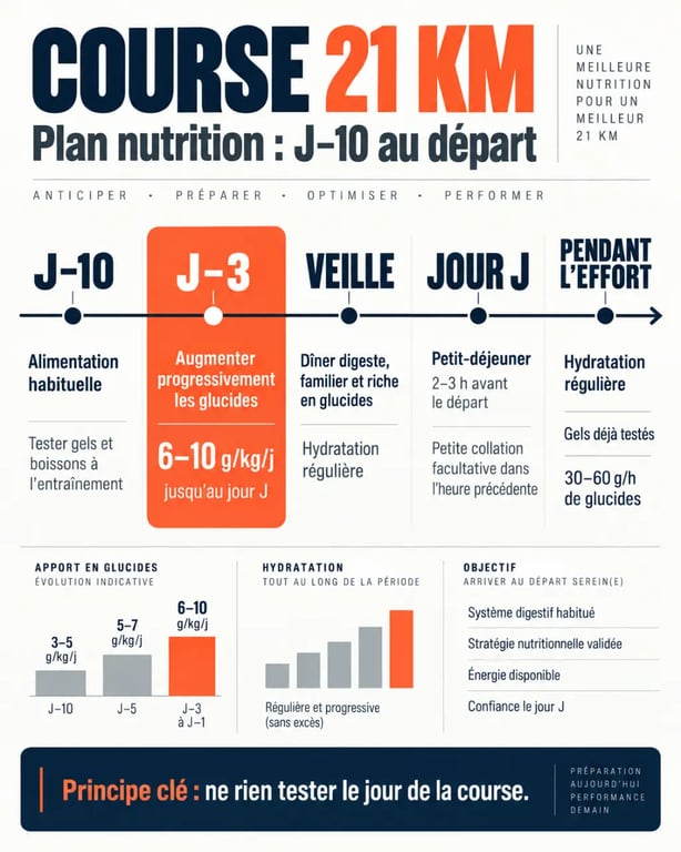 Infographie sur quoi manger avant une course de 21km, de J-10 au jour du semi-marathon
