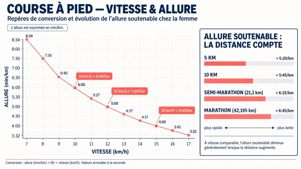 Infographie sur la vitesse moyenne course à pied femme, les allures en min/km et les distances