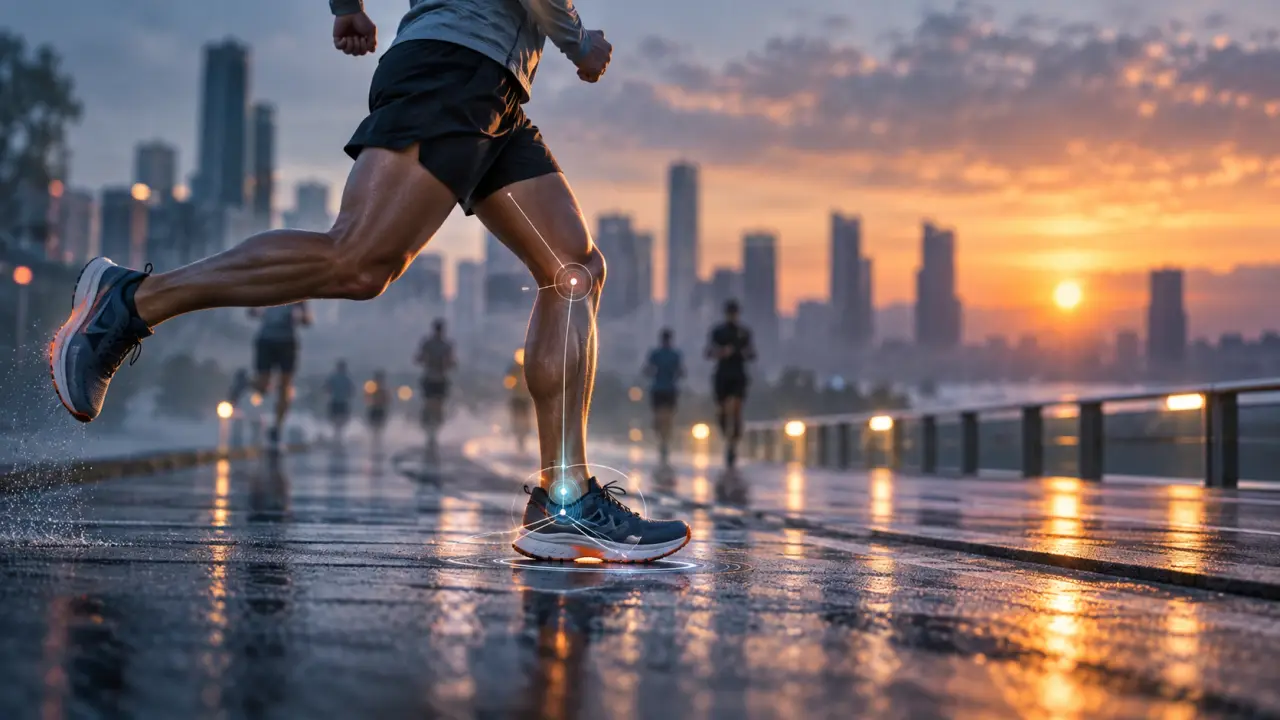 Coureur en pleine foulée sur une route urbaine éclairée par des lumières néon