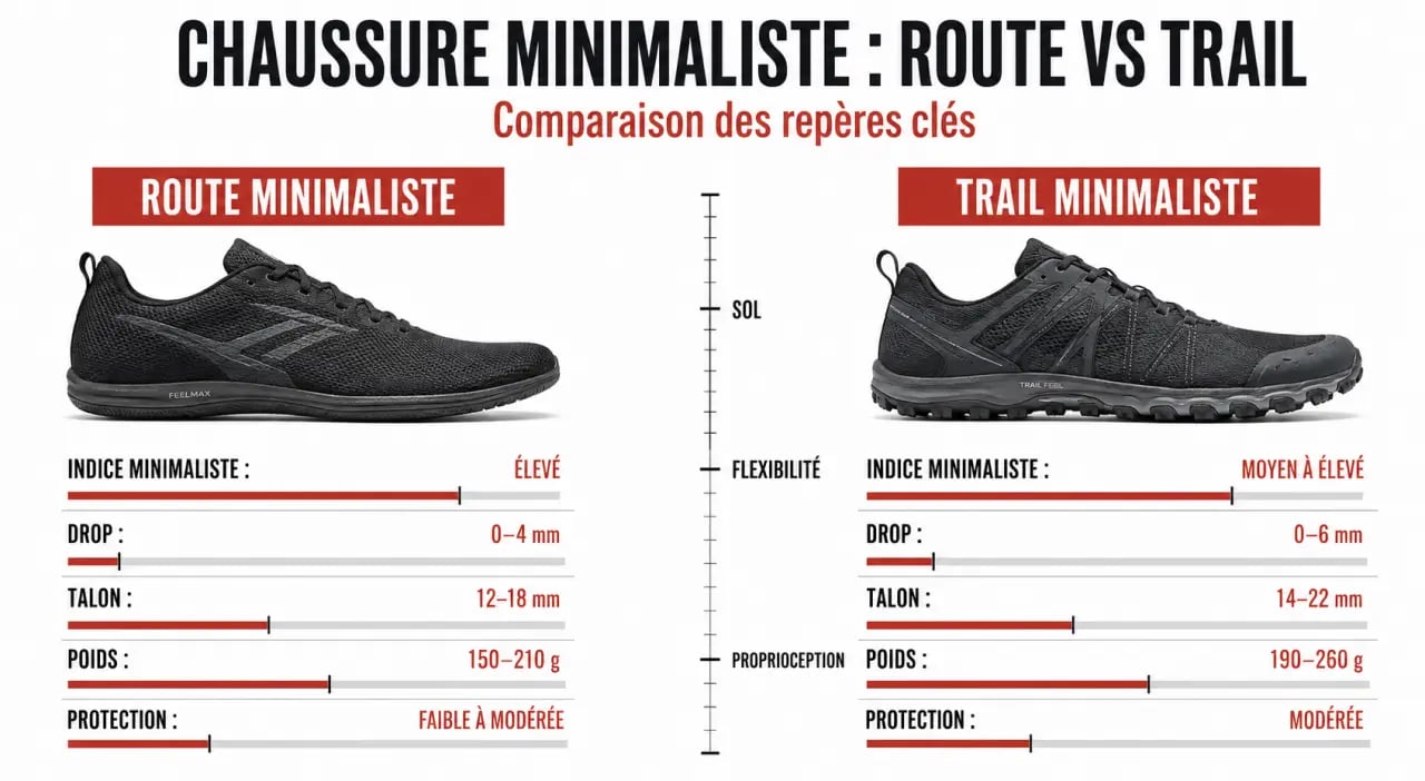 Chaussure course minimaliste : comparaison route et trail avec critères techniques