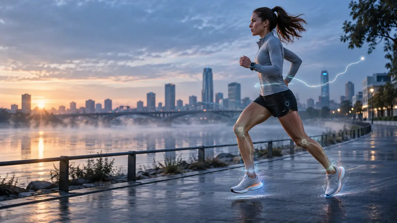 Coureur analysant ses données GPS et sa foulée pendant une sortie nocturne