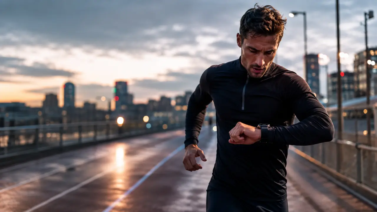 Coureur en plein effort sur 10 km avec interface de suivi de performance