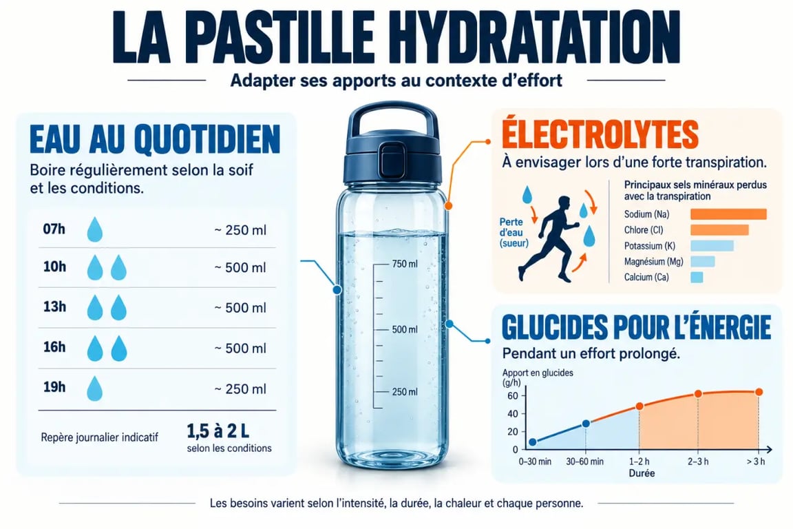 Infographie sur la pastille hydratation, les électrolytes et la différence avec une boisson énergétique