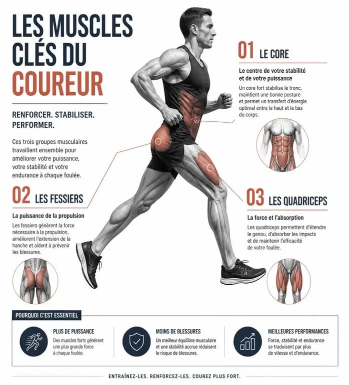 Infographie des muscles clés pour le programme musculation course à pied