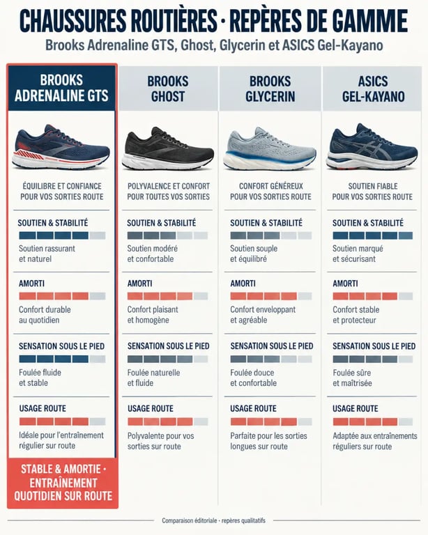Infographie comparative de la Brooks Adrenaline GTS avec les modèles Ghost, Glycerin et Gel Kayano