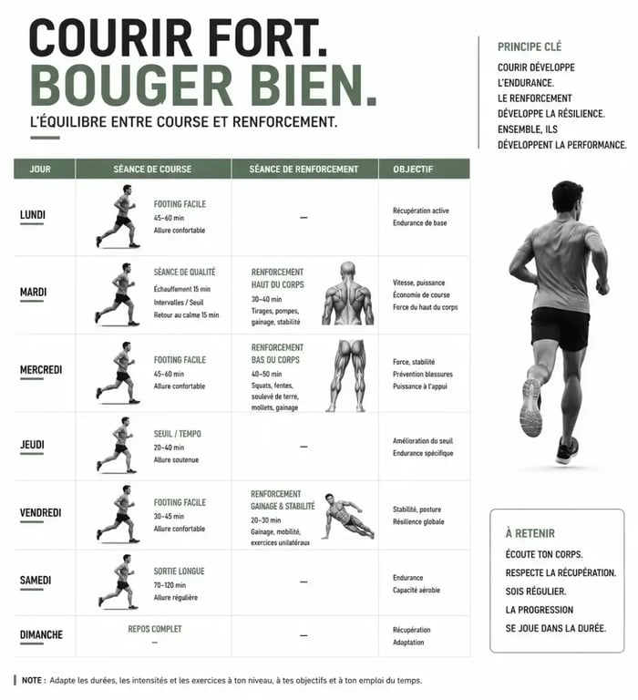 Planning hebdomadaire type pour programme musculation course à pied