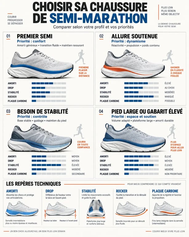 Infographie comparative pour choisir une chaussure semi marathon selon son profil, son amorti et sa stabilité