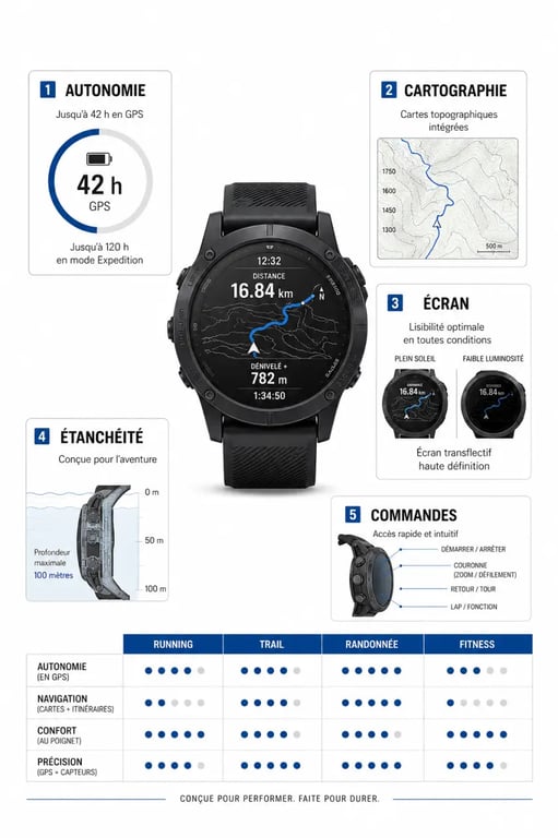 Infographie sur les montres GPS connectées : autonomie, cartographie, écran, étanchéité et usages running, trail, randonnée, fitness