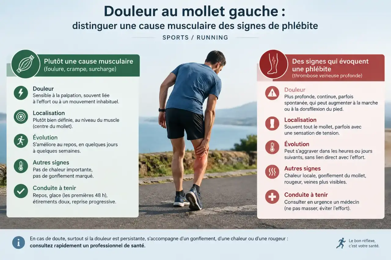 Douleur au mollet gauche : distinguer une cause musculaire des signes de phlébite