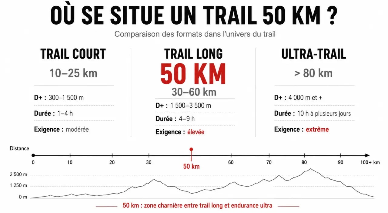 Infographie trail 50 km comparant trail court, trail long et ultra-trail
