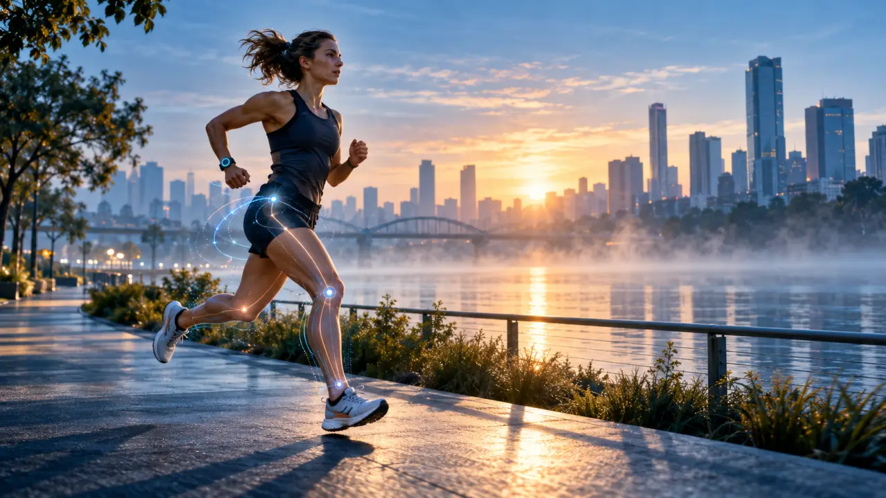 Coureur s’entraînant de nuit avec une analyse numérique de sa foulée