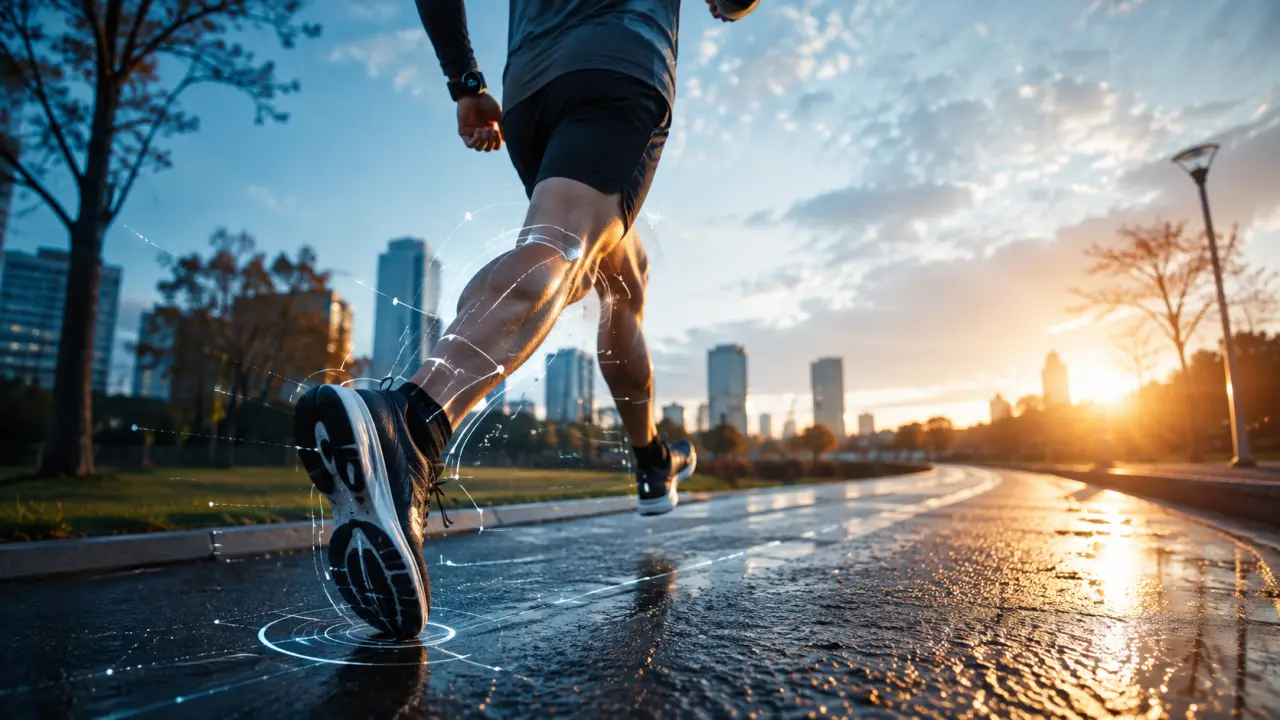 Coureur en effort de nuit avec interface de statistiques de running