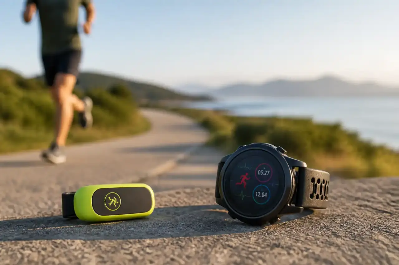 Coureur urbain de nuit entouré d'interfaces de performance en réalité augmentée