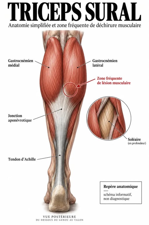 Schéma anatomique d’une déchirure muscle mollet montrant le gastrocnémien, le soléaire et le tendon d’Achille