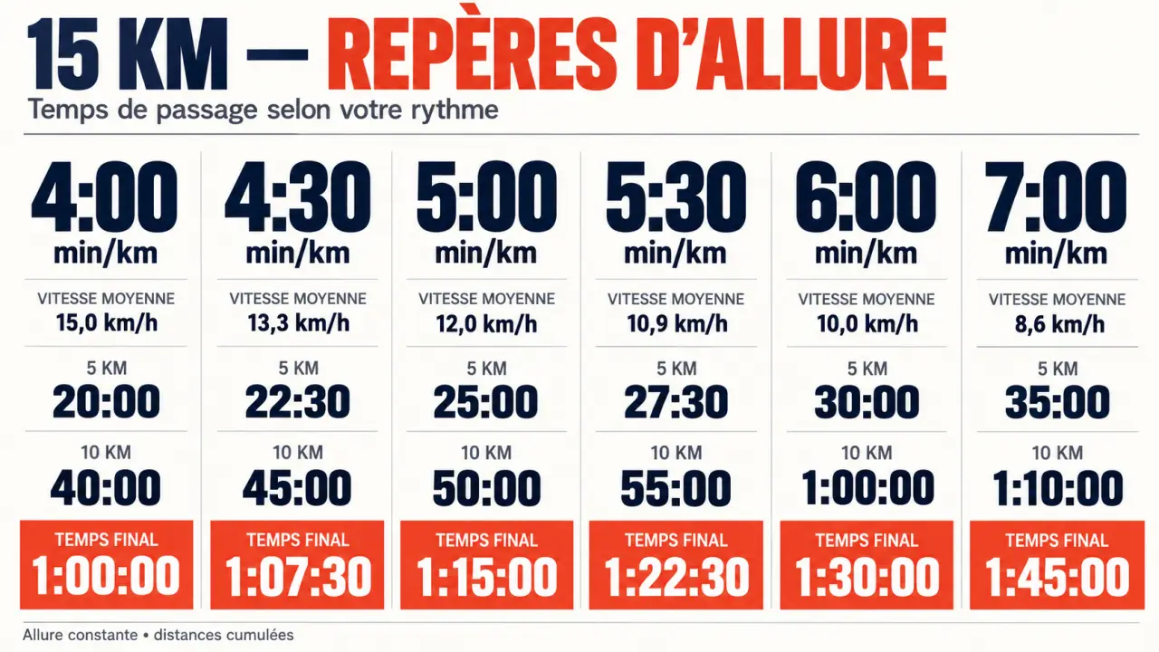 Infographie des allures et temps de course sur 15 kilomètres