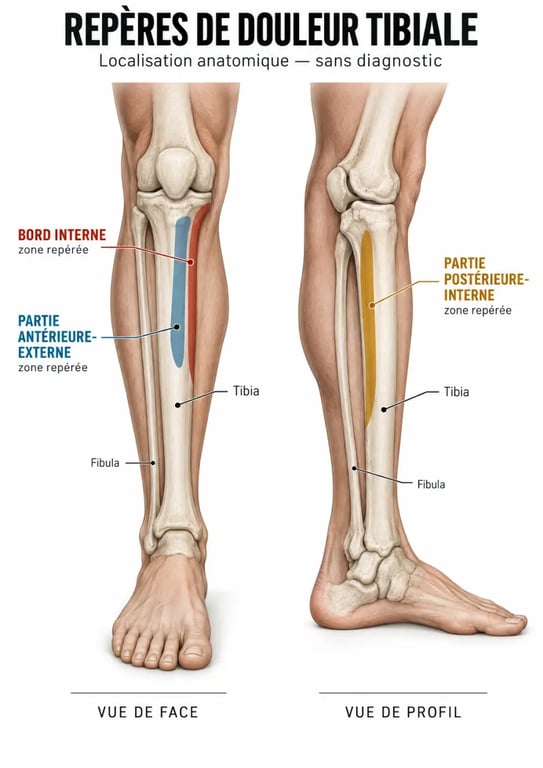 Schéma des zones de douleur tibia et de la localisation des douleurs tibiales