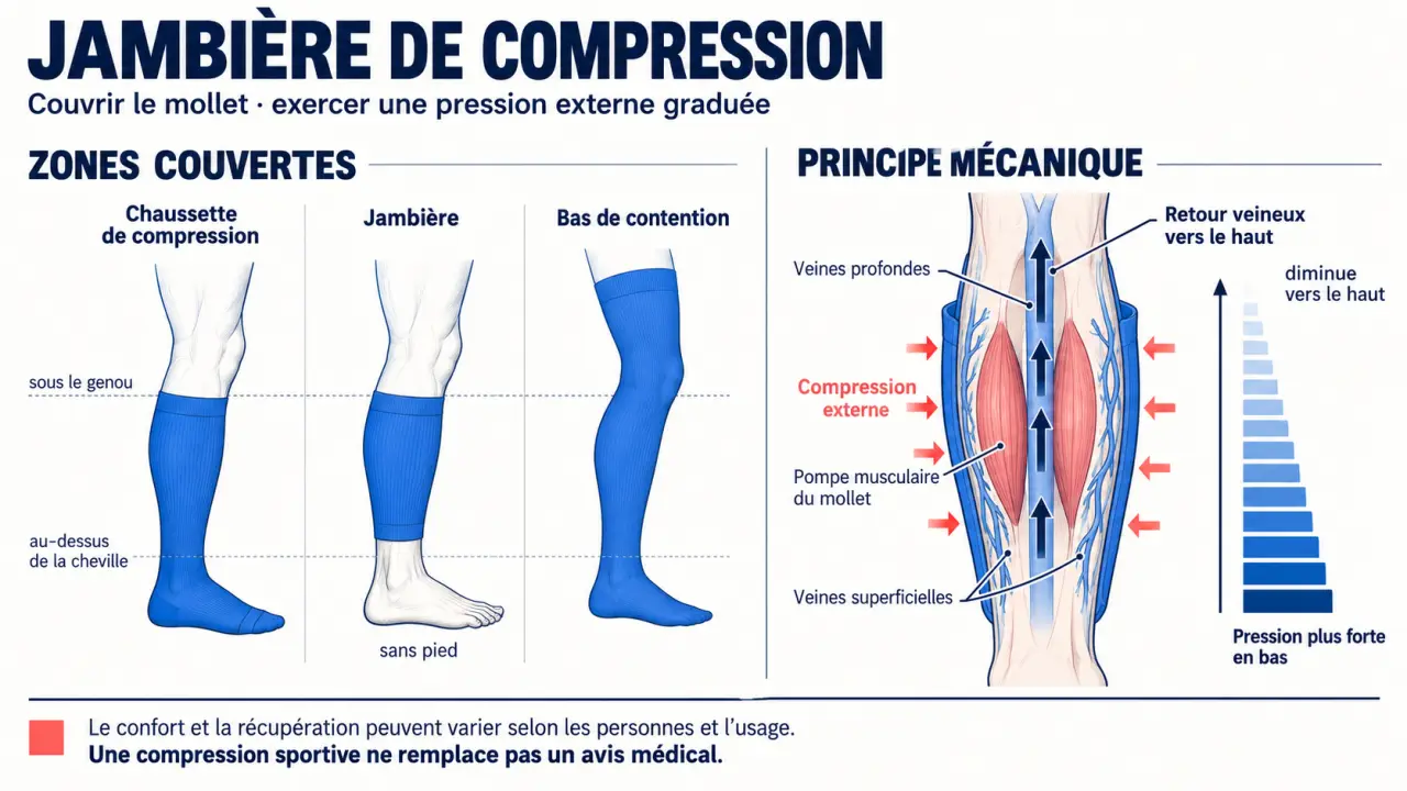Infographie sur la jambière compression, le retour veineux et la zone couverte par le manchon de mollet