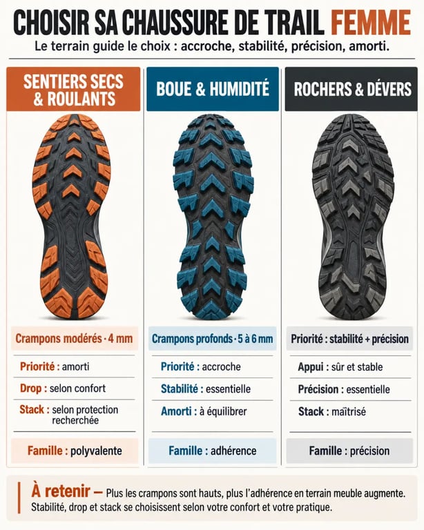 Infographie pour choisir la meilleure chaussure de trail femme selon le terrain, l’amorti et l’accroche