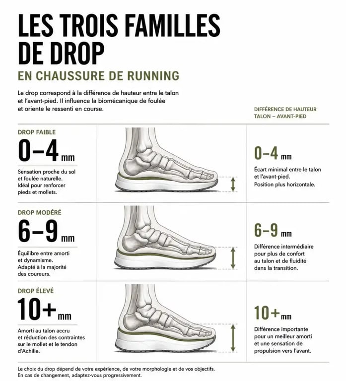 Infographie comparant les niveaux de drop pour choisir la meilleure chaussure de running