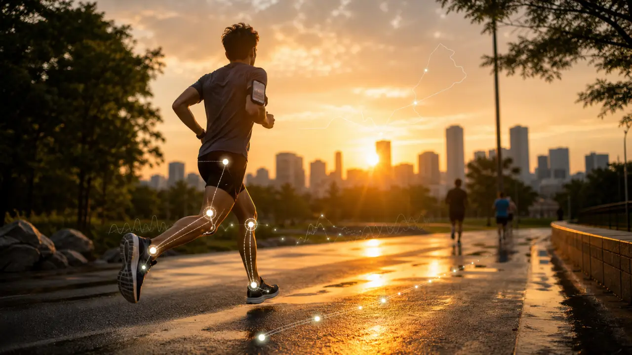 Coureur en effort nocturne avec interface de performance futuriste