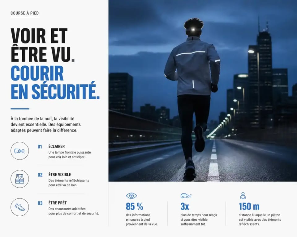 Accessoire pour la course à pied de nuit : éléments réfléchissants et lampe frontale pour la sécurité du coureur